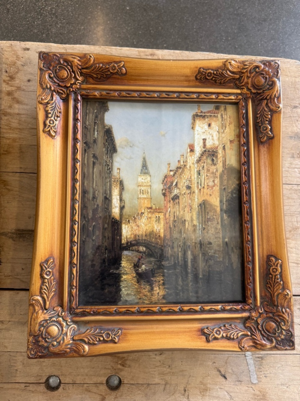 Vintage Venetian Canal Art in Ornate Gold Frame